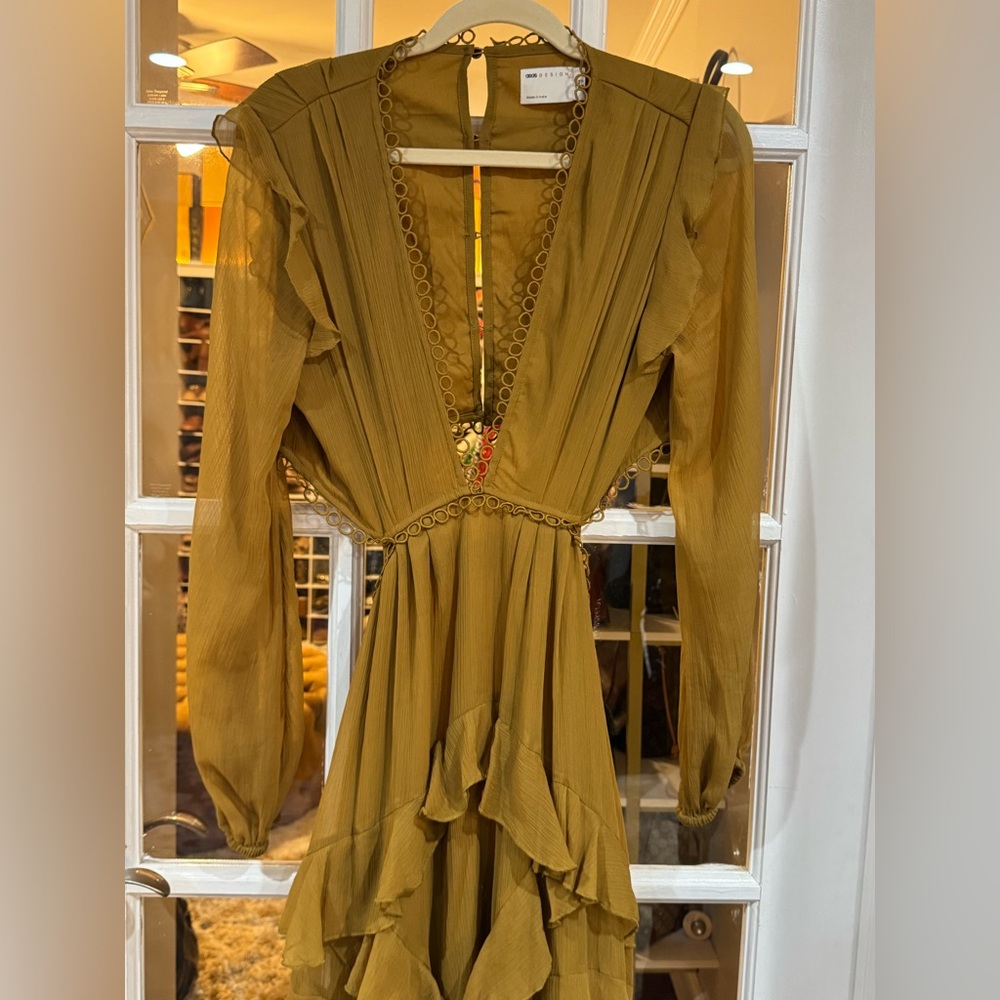 🌞 ASOS Mustard Ruffle Cutout Tiered Midi Dress with Lace Trim 🌞 - Picture 7 of 9